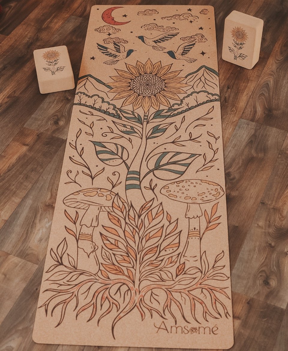 Tapis de yoga et brique 7 chakras par Amsome en liège naturel antidérapant