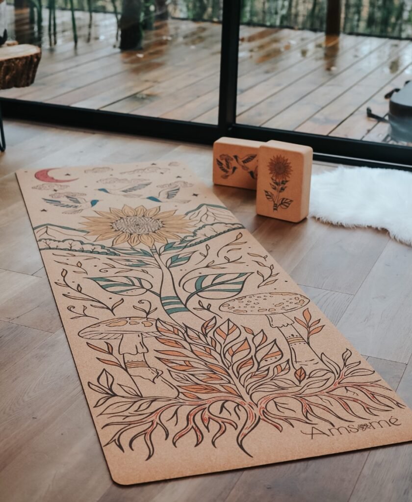 Tapis de yoga et briques 7 chakras par Amsome en liège naturel antidérapant