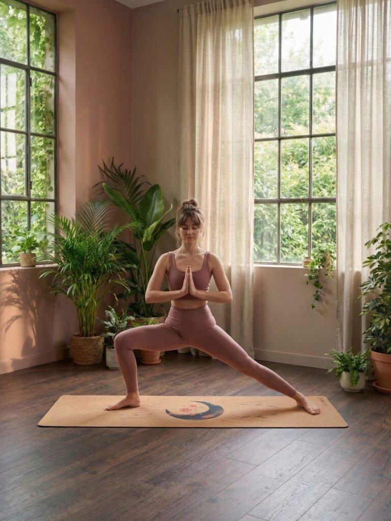 Femme en posture du guerrier, mains jointes, sur un tapis de yoga en liège illustré Lune céleste