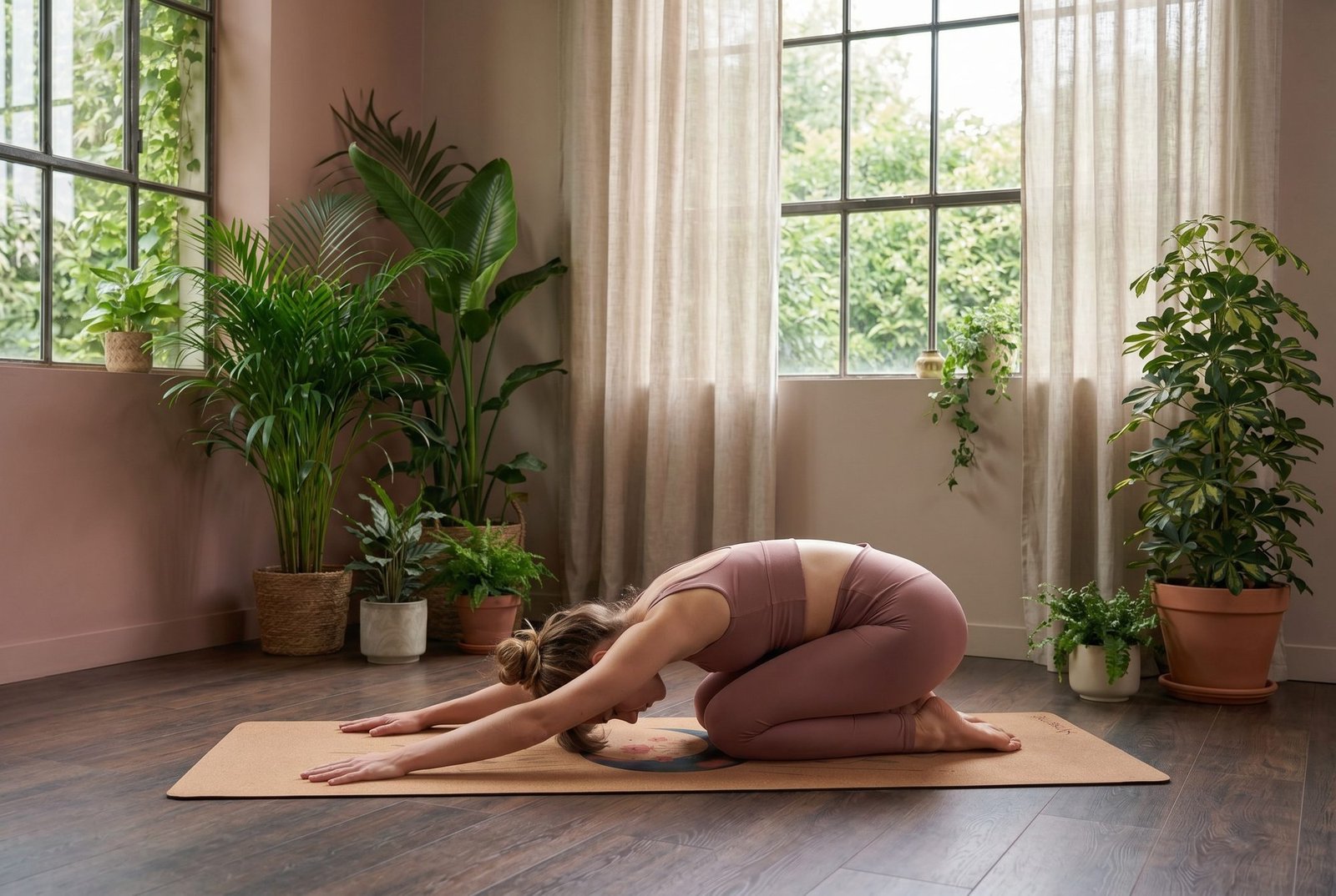 Femme en posture de l'enfant sur un tapis de yoga en liège illustré Lune céleste, dans une pièce lumineuse pleine de plantes